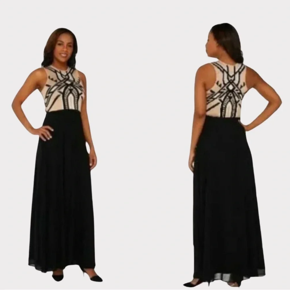 NWOT | G.I.L.I. Maxi Dress | Black & Tan | Sweater Top | Chiffon Skirt | 16P - Picture 2 of 8